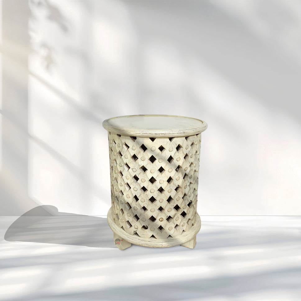 Carved Side Table White Finish – Handcrafted Accent Table