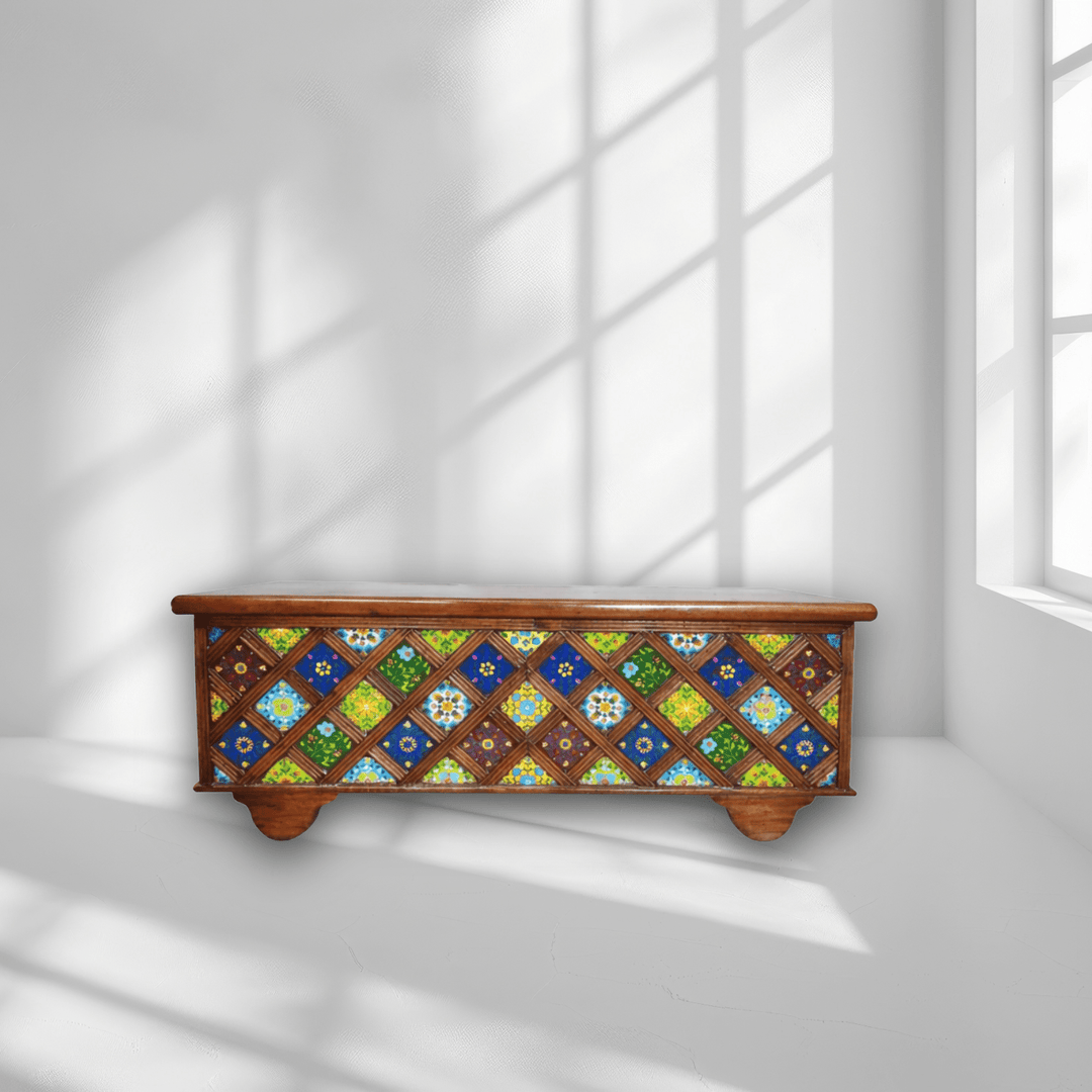 Wooden trunk with storage box with tiles work