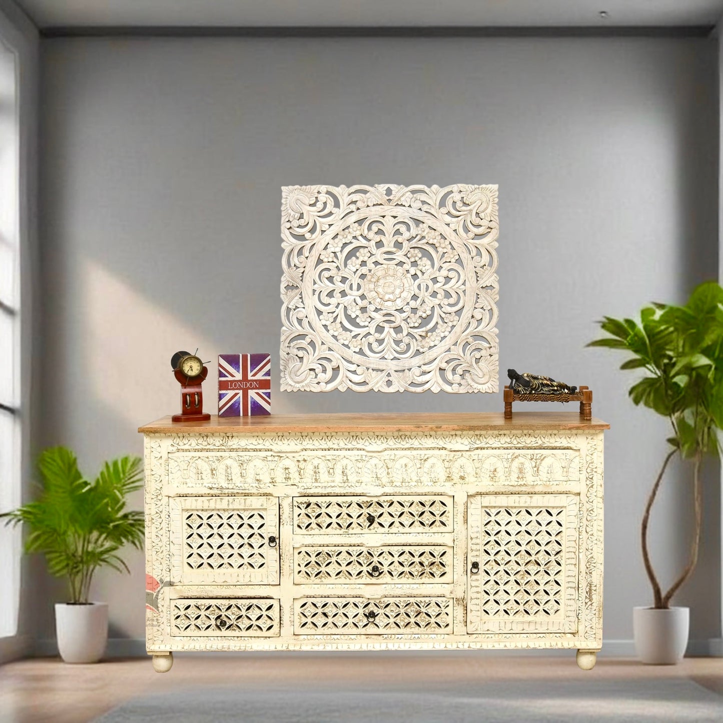Large Sheesham Wooden Storage Cabinet
Natural And White Finish Sideboard