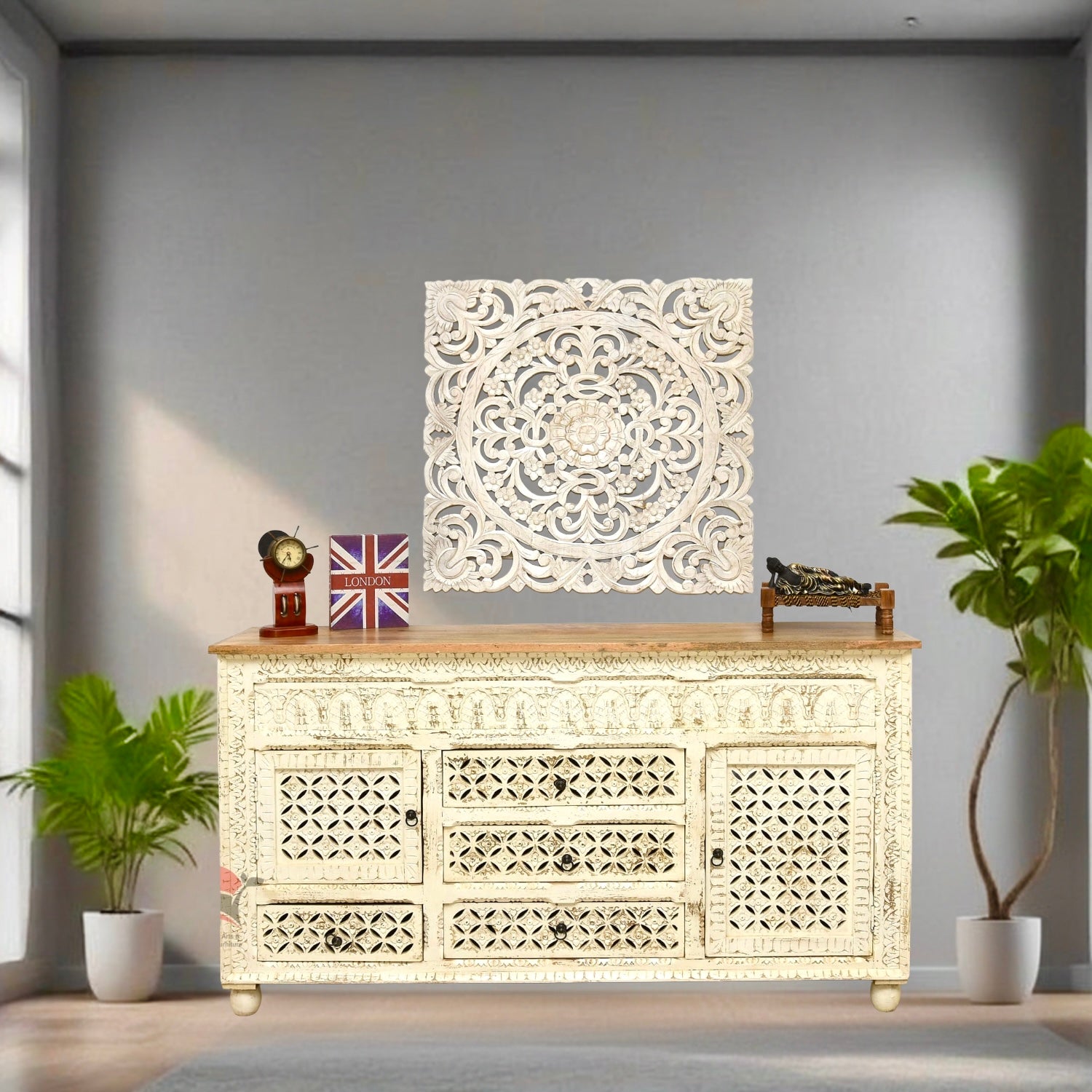 Sheesham wooden sideboard with hand carved