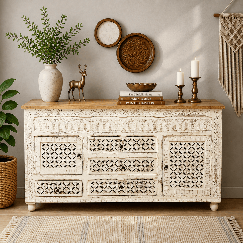 Nova Vintage hand Carved Credenza side cabinet