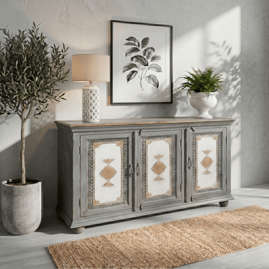 Solid wood sideboard with rustic finish with 3 storage box