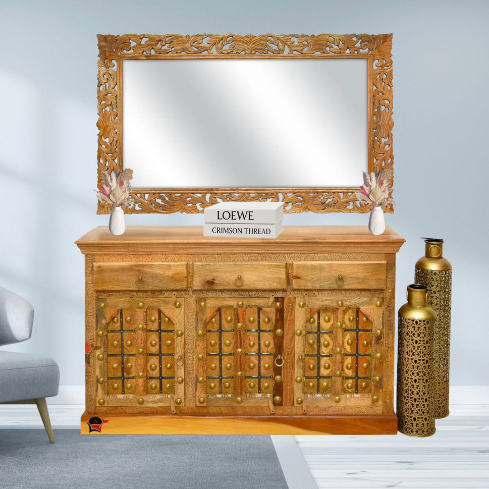 Handcrafted Mango Wood Carved Sideboard with Brass Detailing