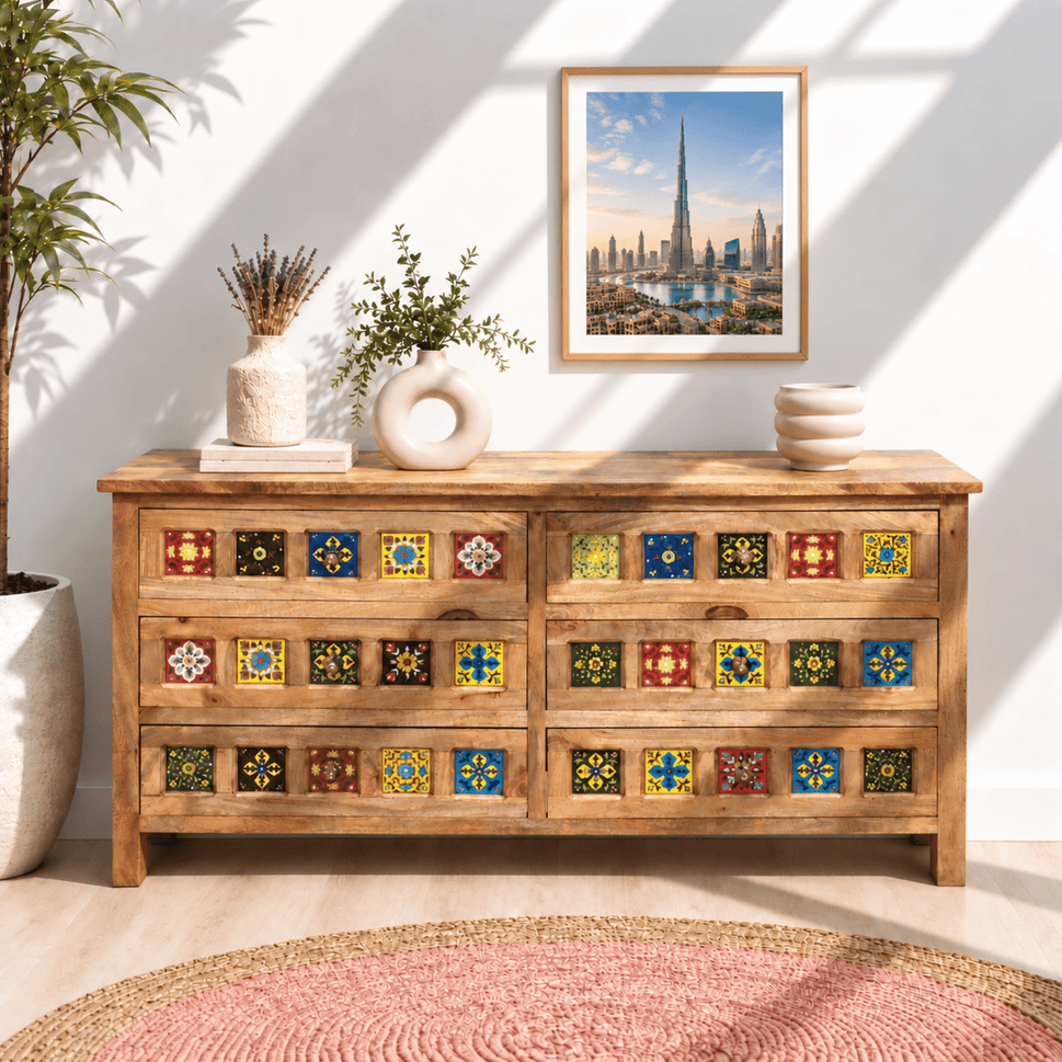 Elara Artisan Tile Solid Mango Wood Chest – 6-Drawer Storage Dresser
