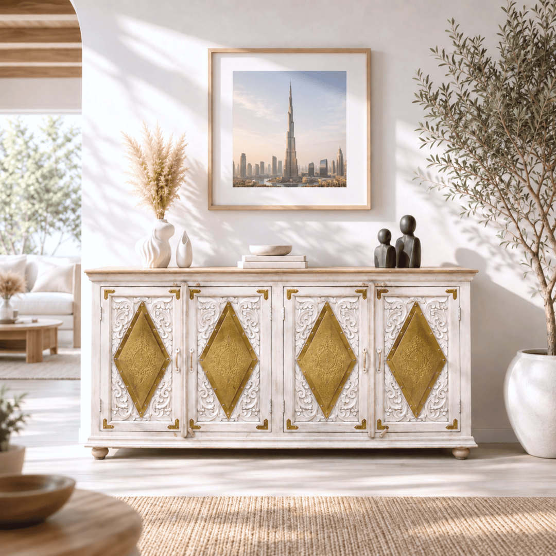 Aurelia Haveli Hand-Carved Solid Mango Wood Sideboard with Brass Inlay