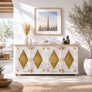 Switch four-door storage buffet, hand-carved dining cabinet, brass-inlay wooden credenza, white rustic buffet table, mango wood console cabinet,  1 image