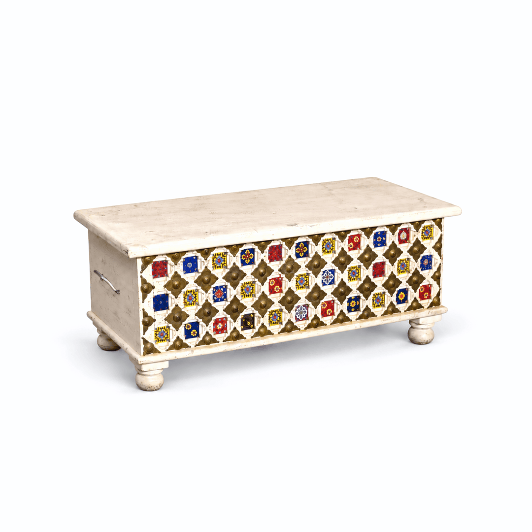 heritage mango wood trunk with handmade tile inlay and brass details