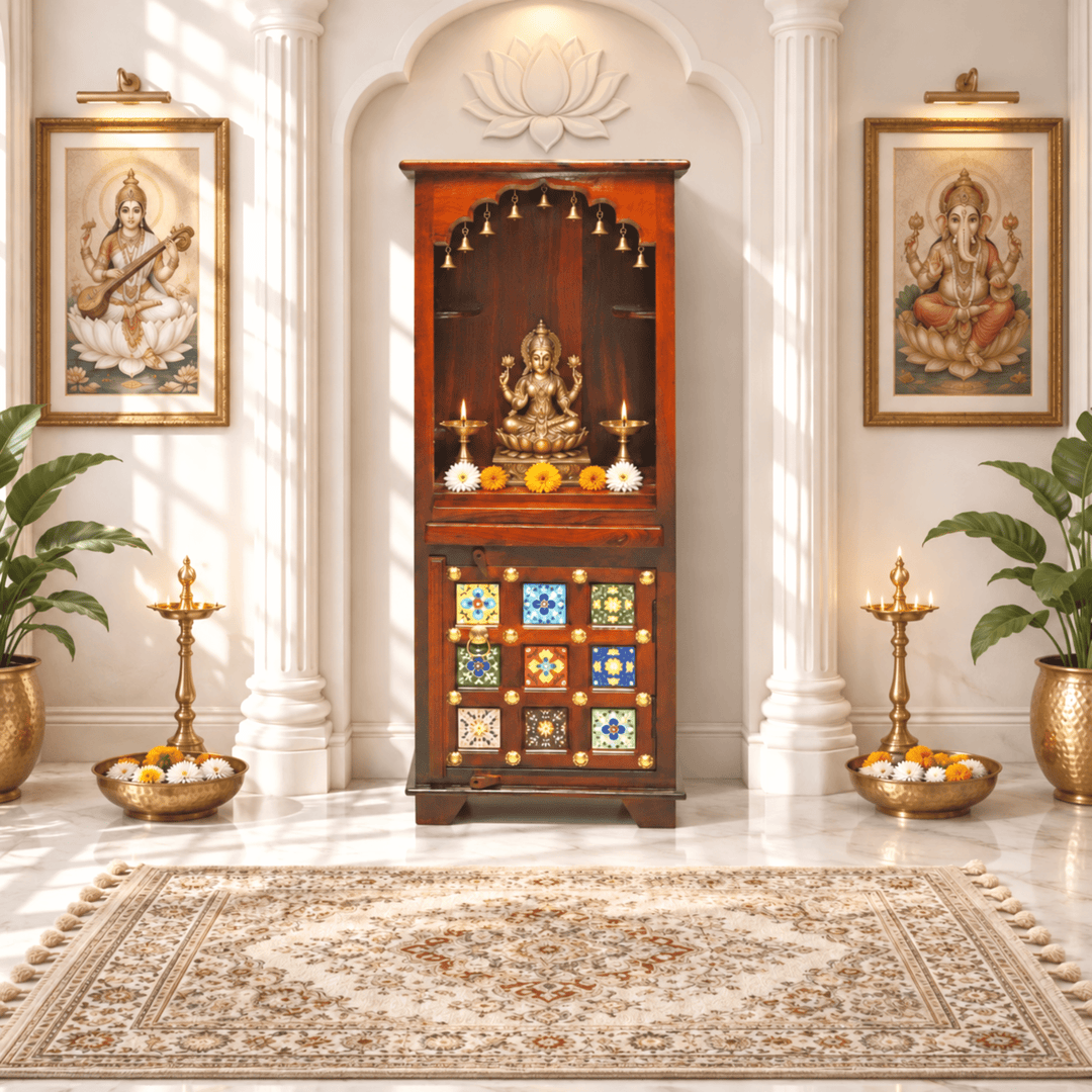 Tall and slim mango wood mandir with cupboard for home