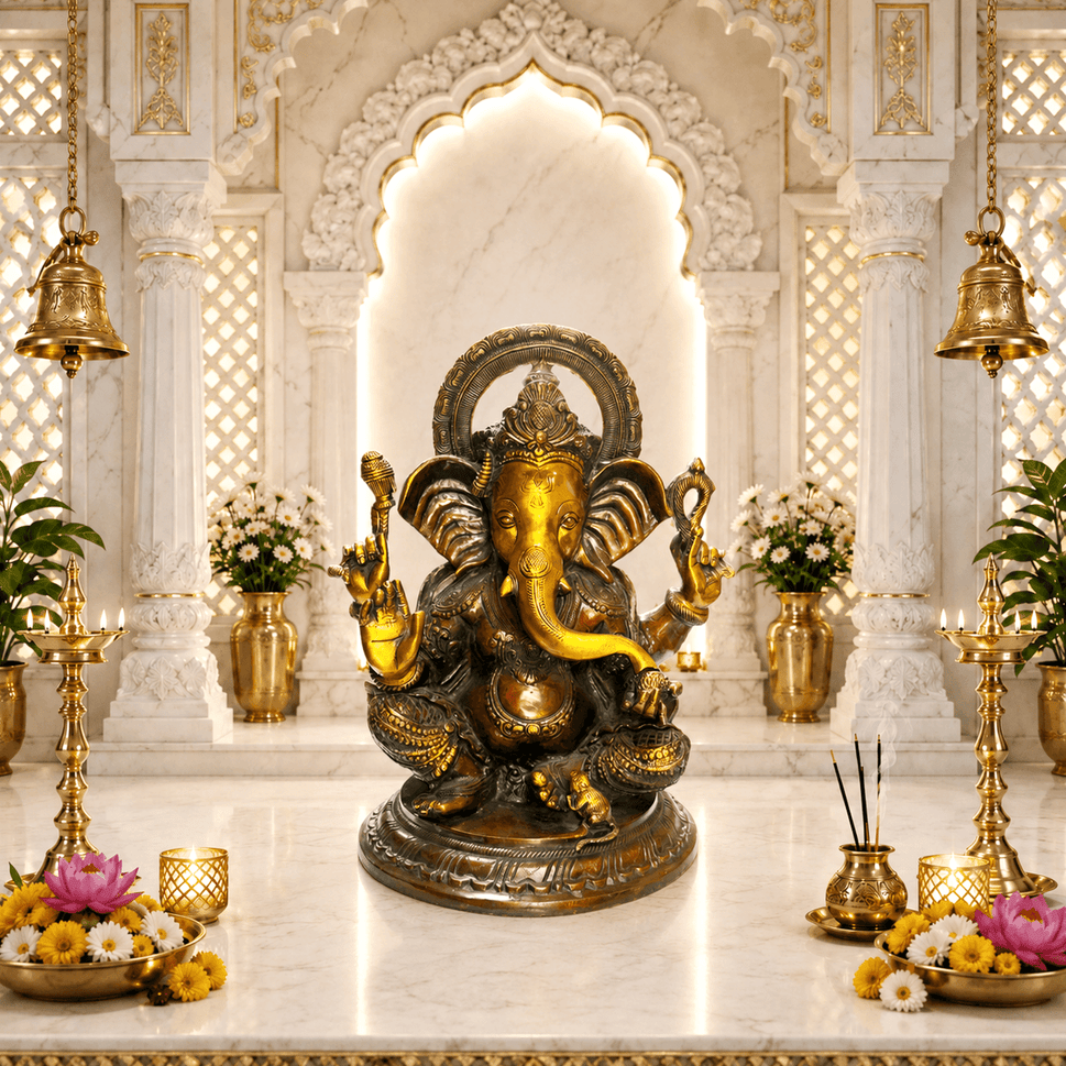 Royal Sitting Ganesha Idol With Antique Brass Finish