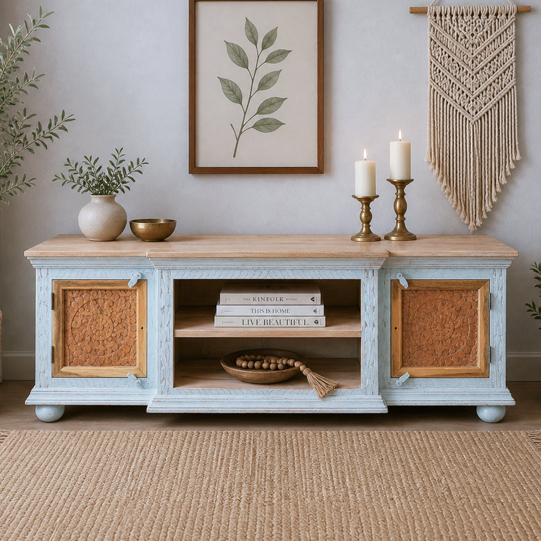 The Bohemia Hand Carved Mango Wood TV Unit | Rustic Blue UAE | Dubai