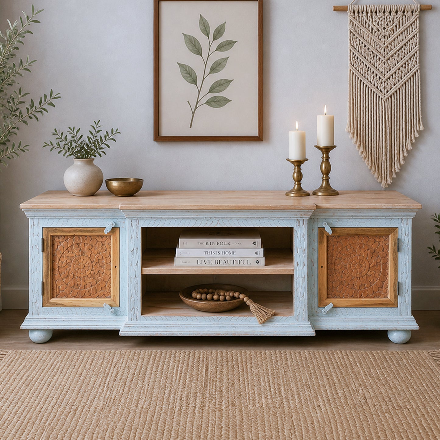 Wooden Media Unit for Hotels, Stylish Entertainment Console for Restaurants, Rustic TV Stand for Commercial Places, Handcrafted Wooden Cabinet for Bedroom, 