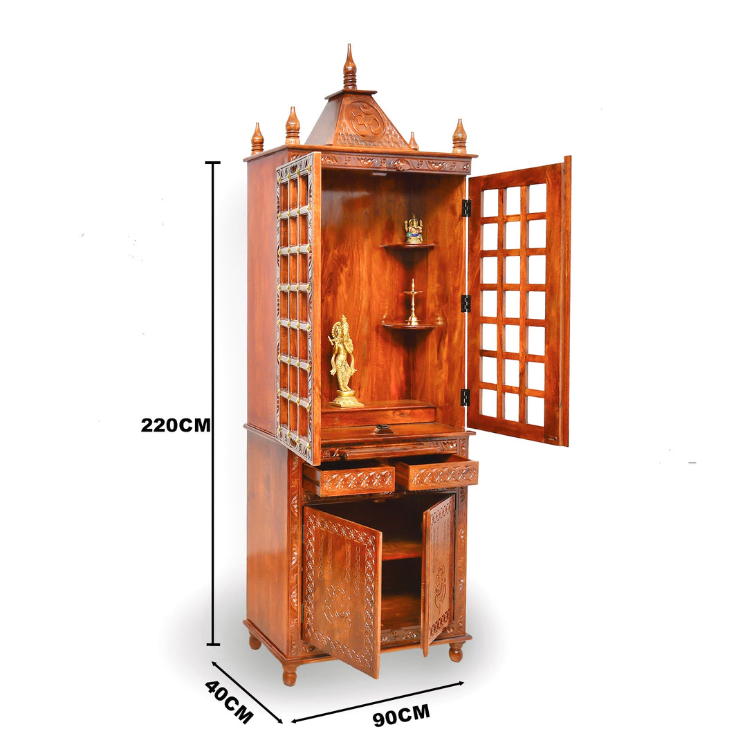 Hand made mango wood home temple with door in cut work