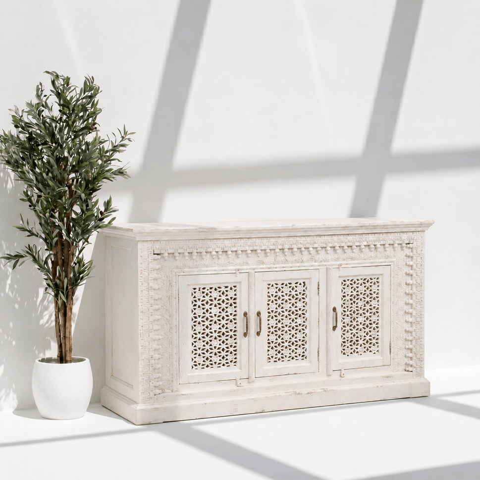 Vintage Style White Wooden Credenza with Lattice Panels