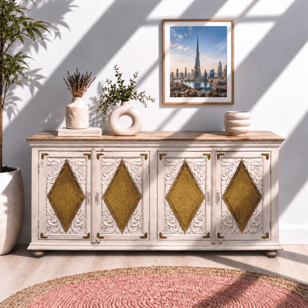 Aurelia Haveli Hand-Carved Solid Mango Wood Sideboard with Brass Inlay