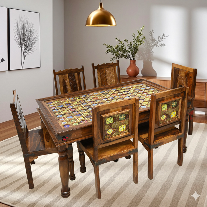 Brass Fitted Table
Tile Inlay Design
Indian Wooden Craftsmanship
Rajasthani Dining Set