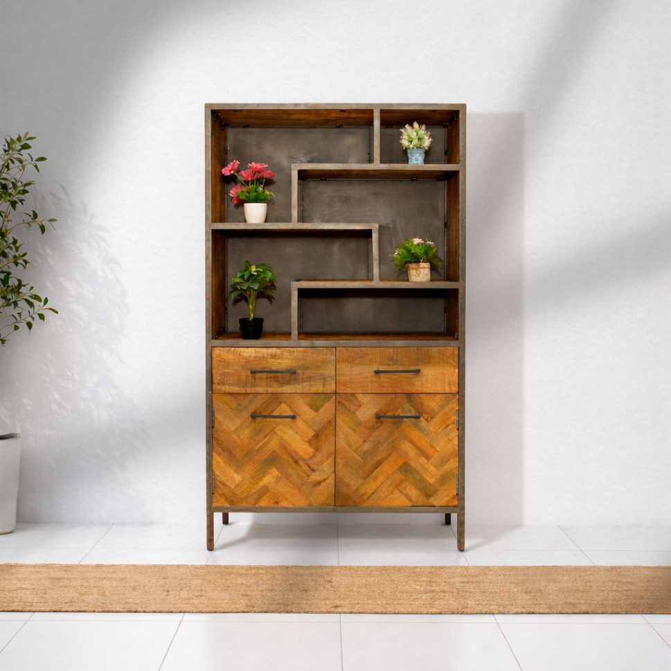 Minimalist display cabinet with metal frame & storage