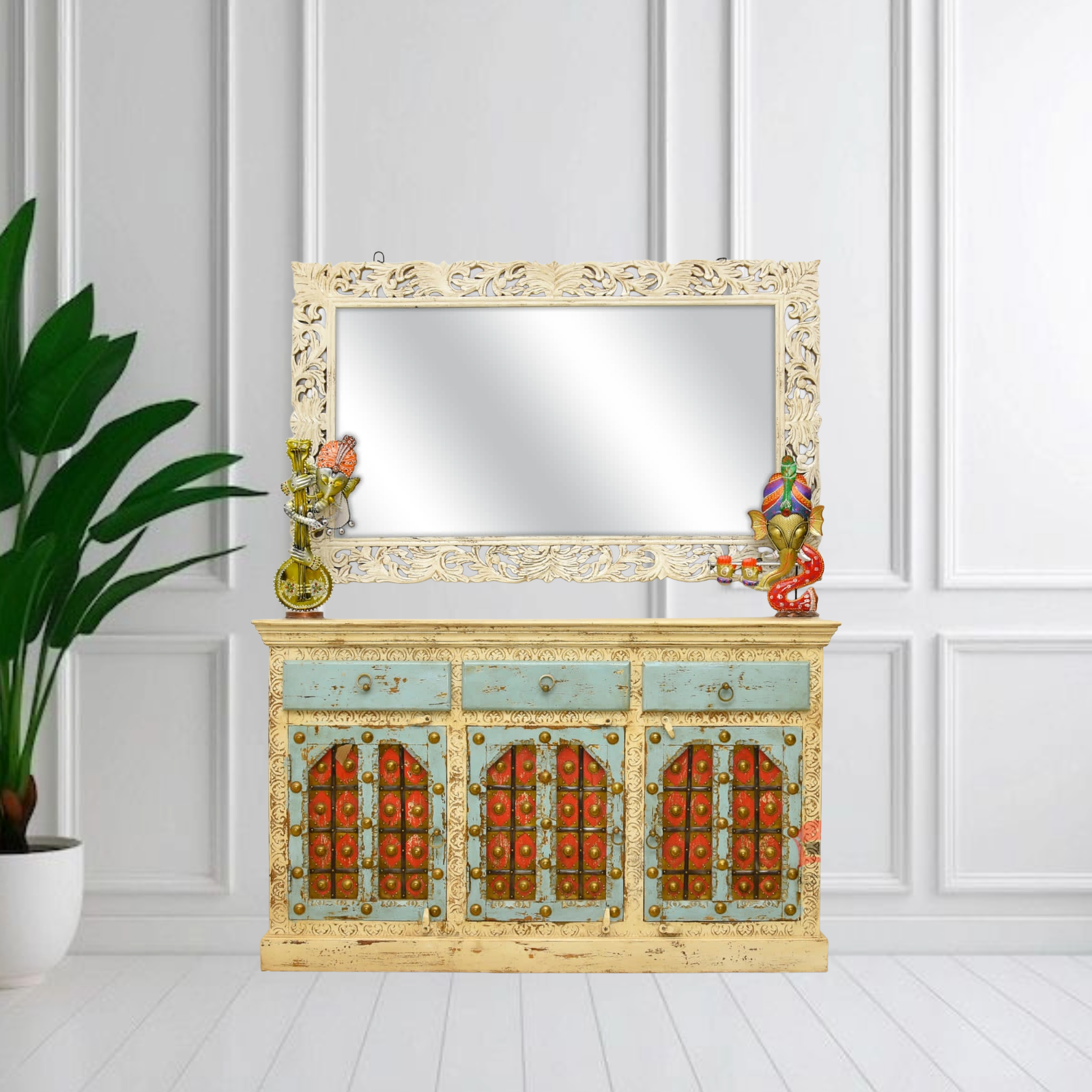 خزانة جانبية خشبية عتيقة الطراز مزينة برسومات عربية يدوية - خزانة تخزين مجلس الإمارات العربية المتحدة