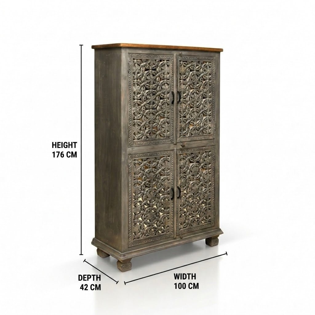 Premium Hand Cut Work hardwood storage Cabinet with antique finish