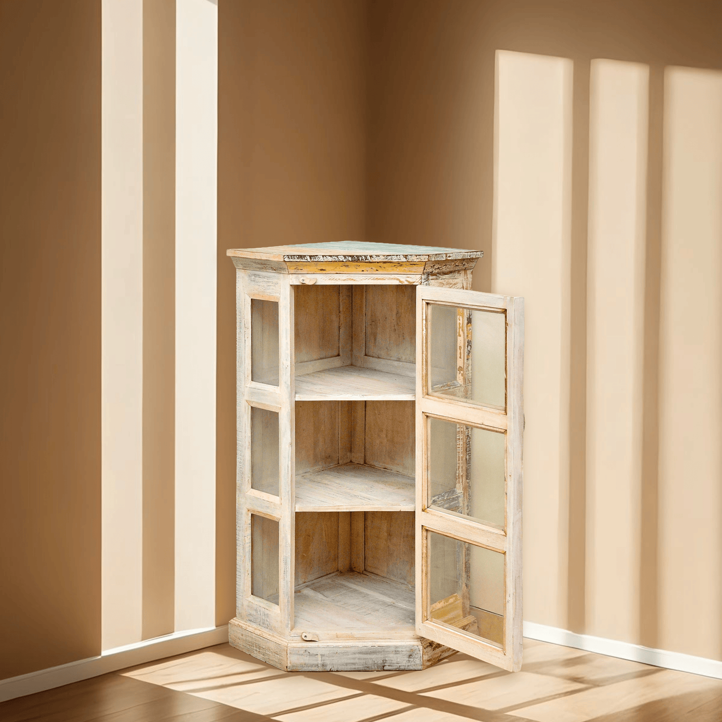 White rustic corner cabinet recycle wood Qatar, Glass display corner cabinet hardwood Bahrain, Triangle corner storage cabinet natural wood Saudi Arabia,