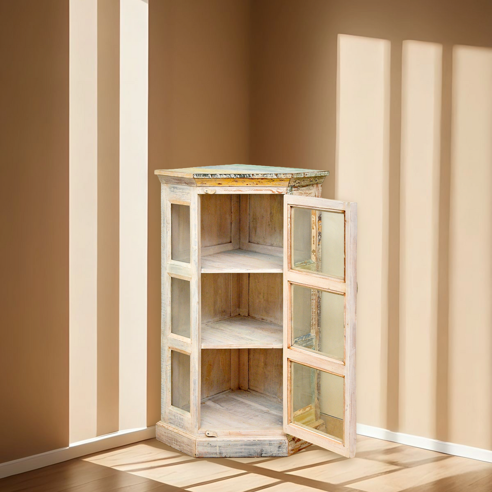 Farmhouse Corner Storage Cabinet – Distressed Wood Display Shelf for Small Spaces