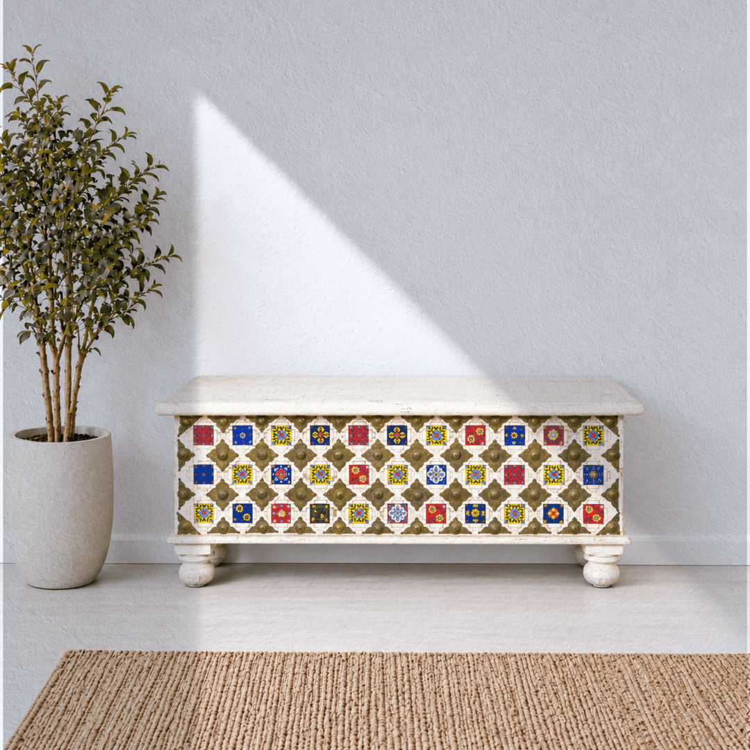 heritage mango wood trunk with handmade tile inlay and brass details