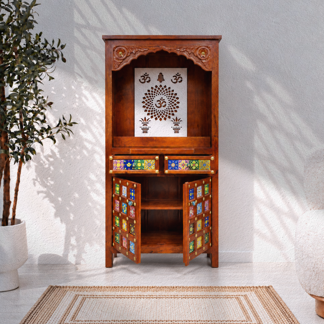 Mango Wood Pooja Mandapam with Om Design and Drawer