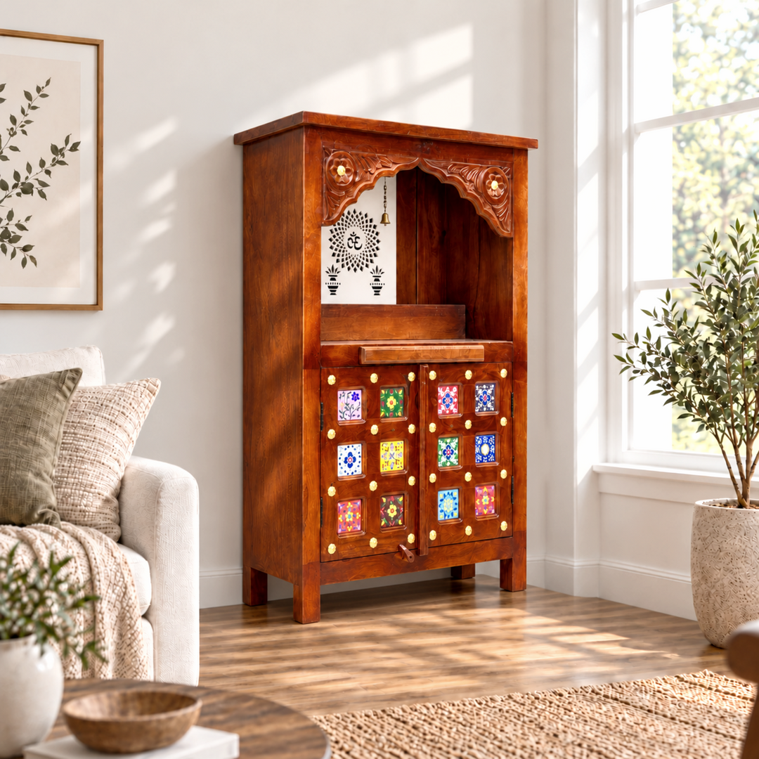 Mango Wood Pooja Mandapam with Om Design and Drawer
