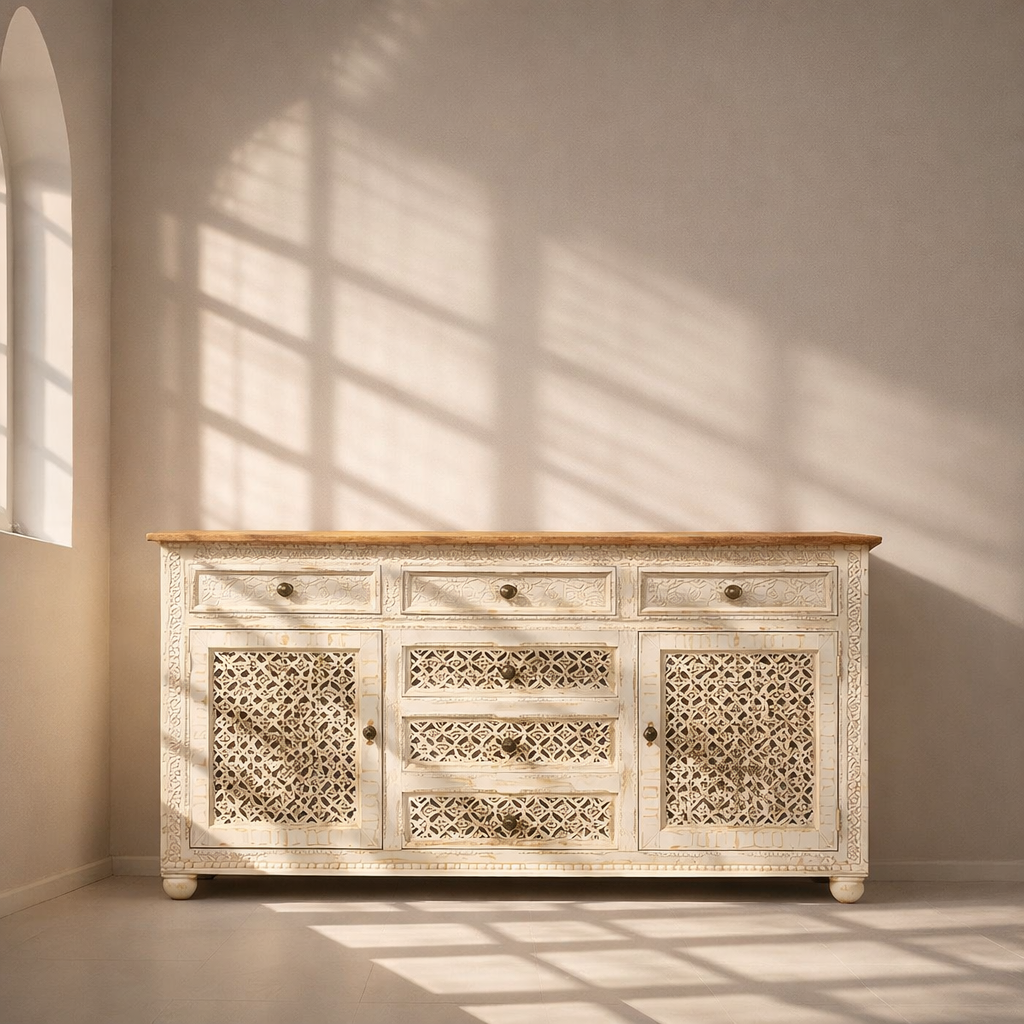 Premium Solid Wood Storage Sideboard, Dubai, Artistic Floral Carved Wooden Cabinet Abu Dhabi