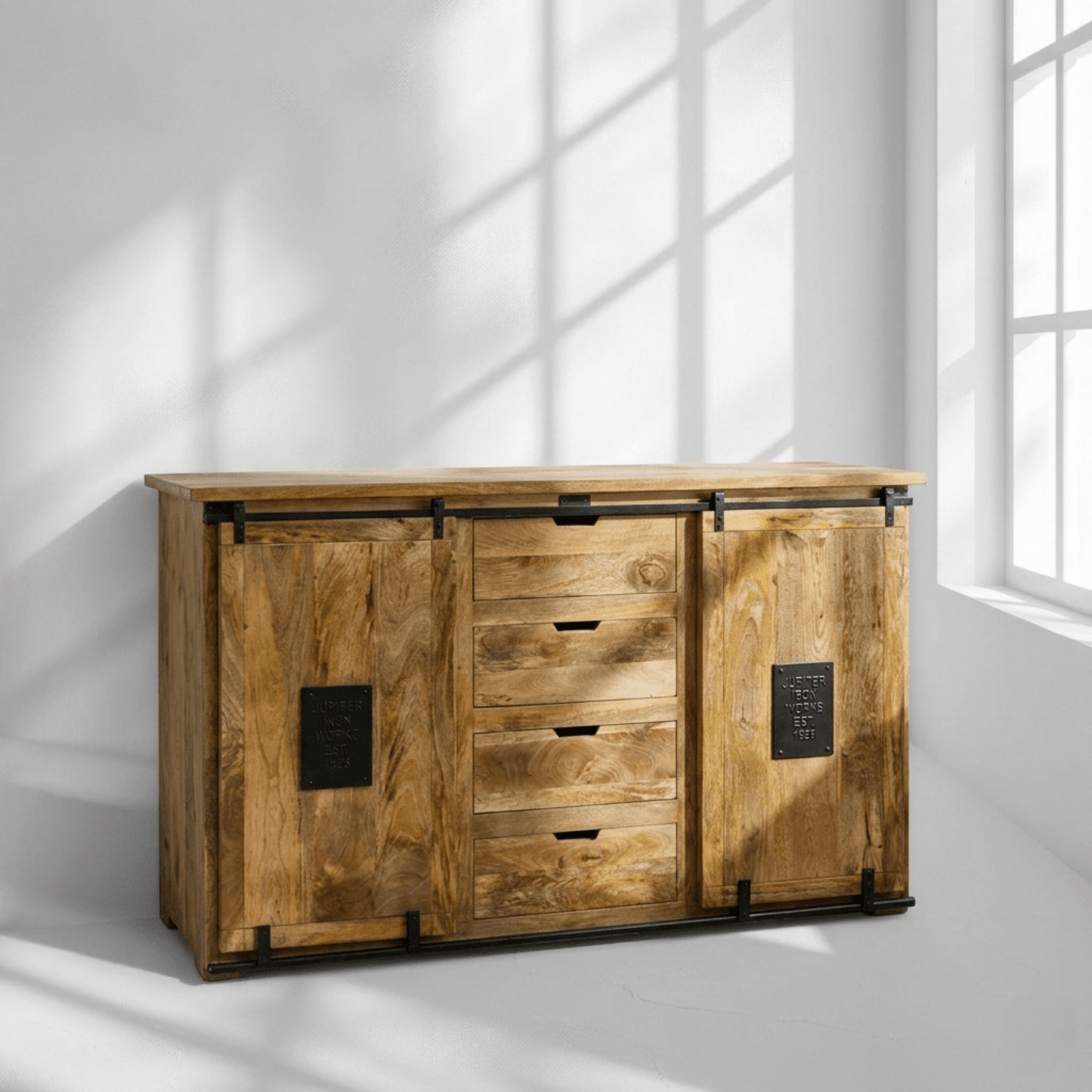 Wholesale Mango Wood Furniture Dubai, Elegant Industrial Wooden Sideboard Sharjah, Natural Wood Storage side Cabinet UAE,Wooden credenza table with metal,Industrial side buffet shelf for storage,