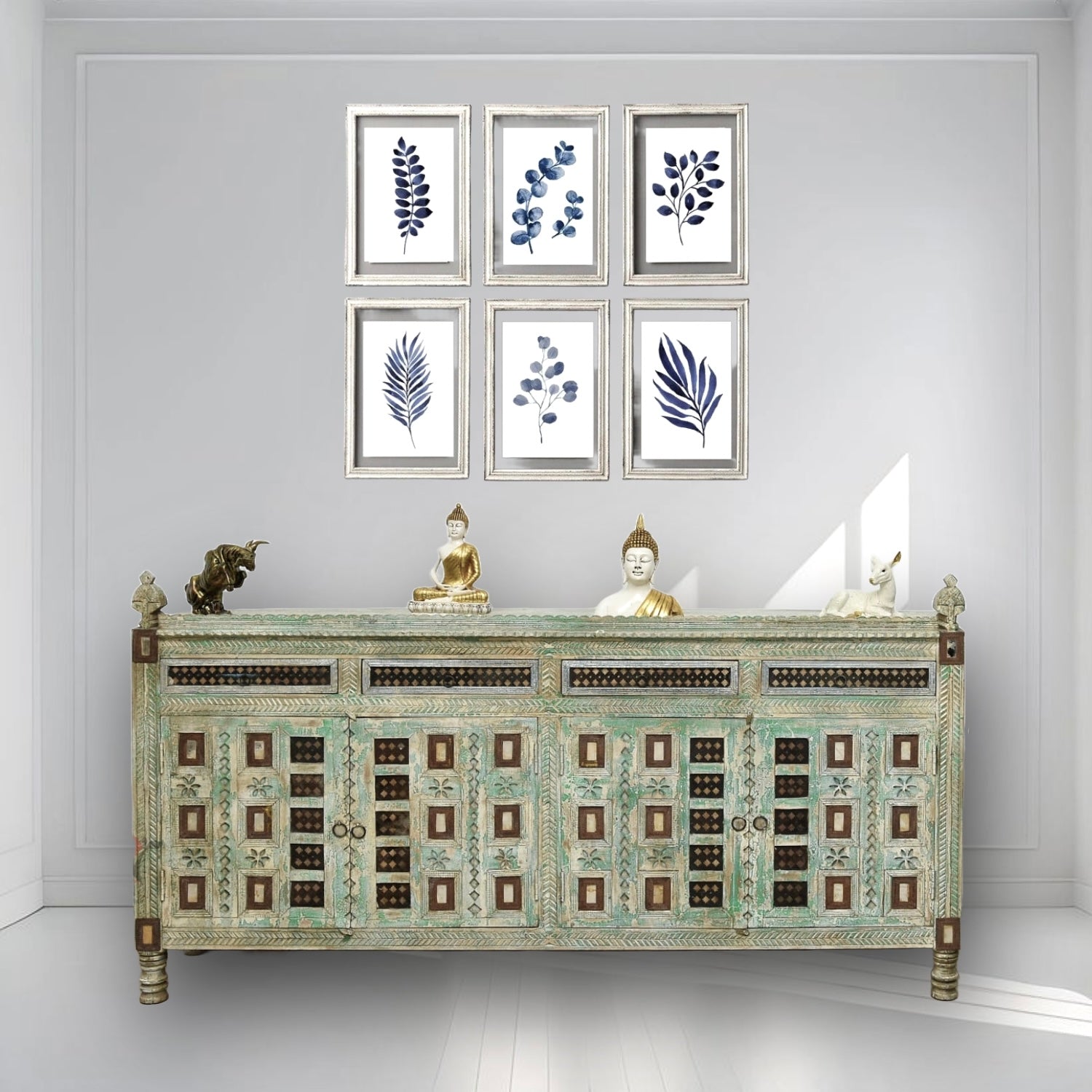 Antique finish side shelf cabinet with 4 drawer 4 doors