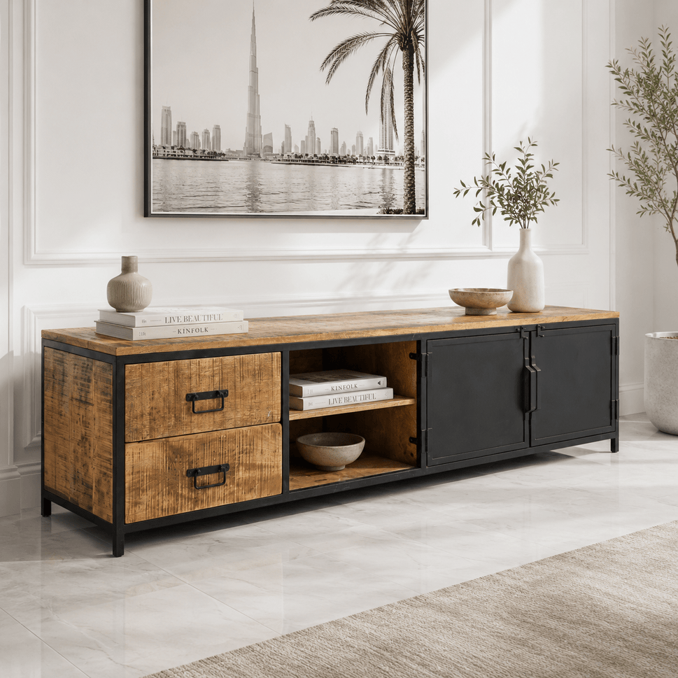 Solid Wood TV Bench with Storage Drawers & Shelves
