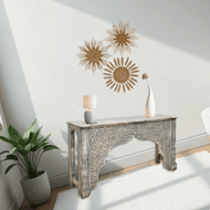 Rustic Carved Wooden Console Table with Moorish Arch Design