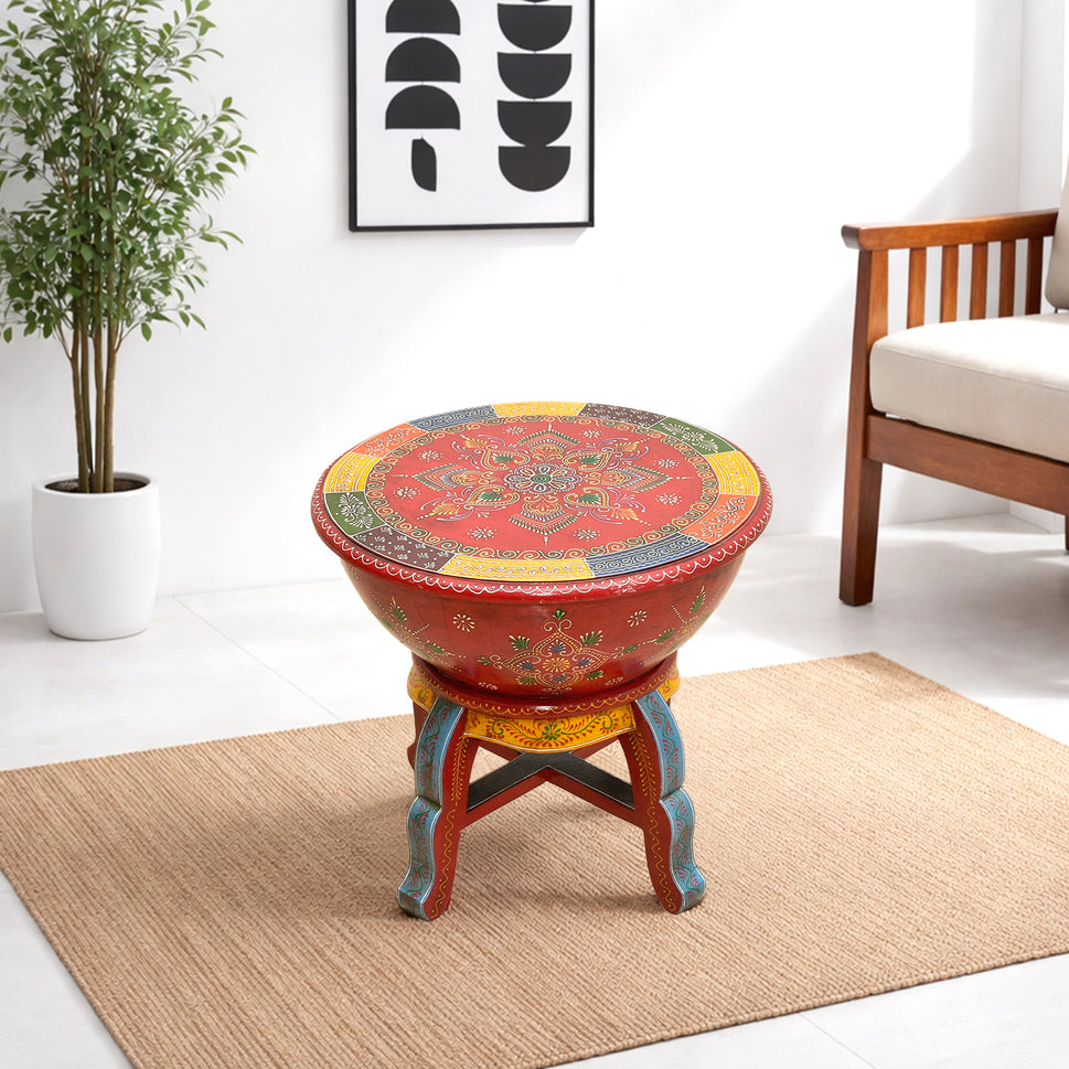 Solid Wood Multi-Purpose Coffee Table & Stool with Hand Painted Design | UAE