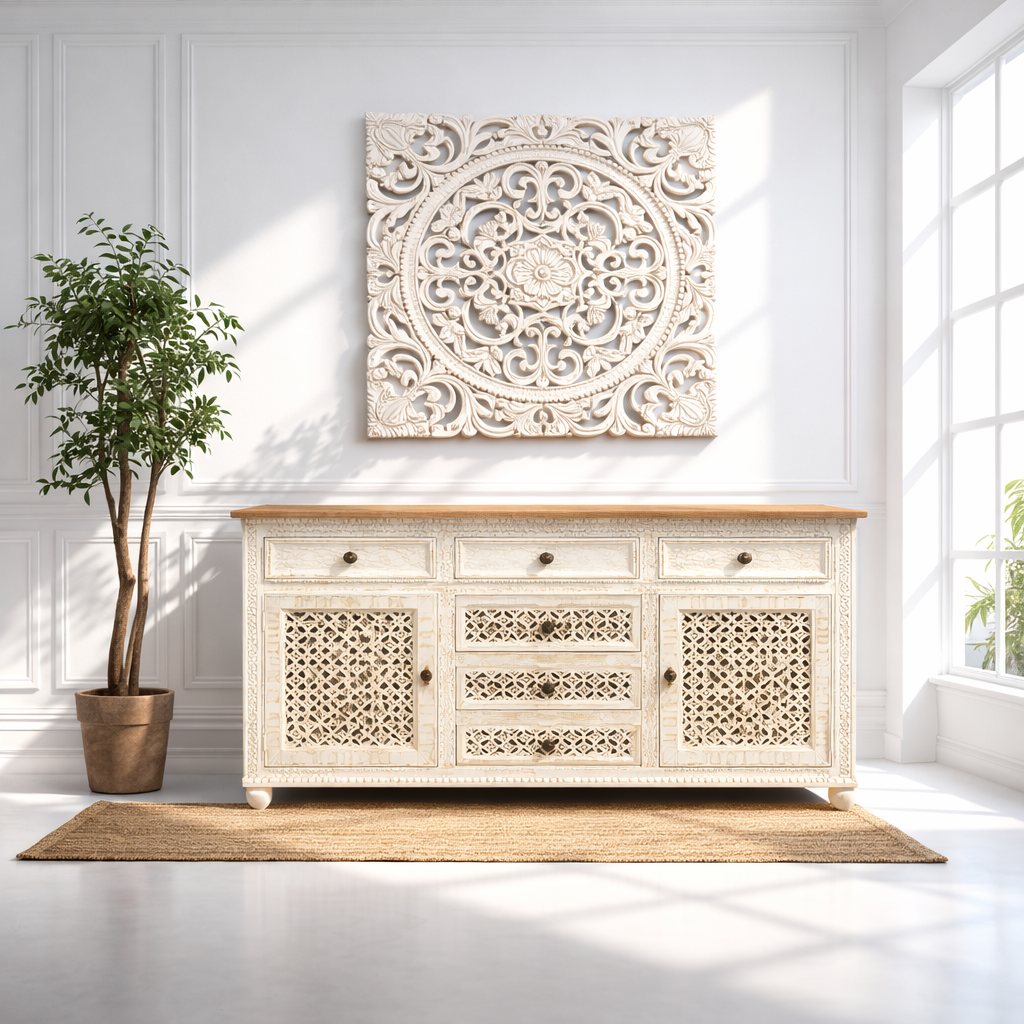 Wooden Sideboard With Mirror Frame, Elegant Carved Cabinet For UAE, Premium Solid Wood Storage Sideboard, 