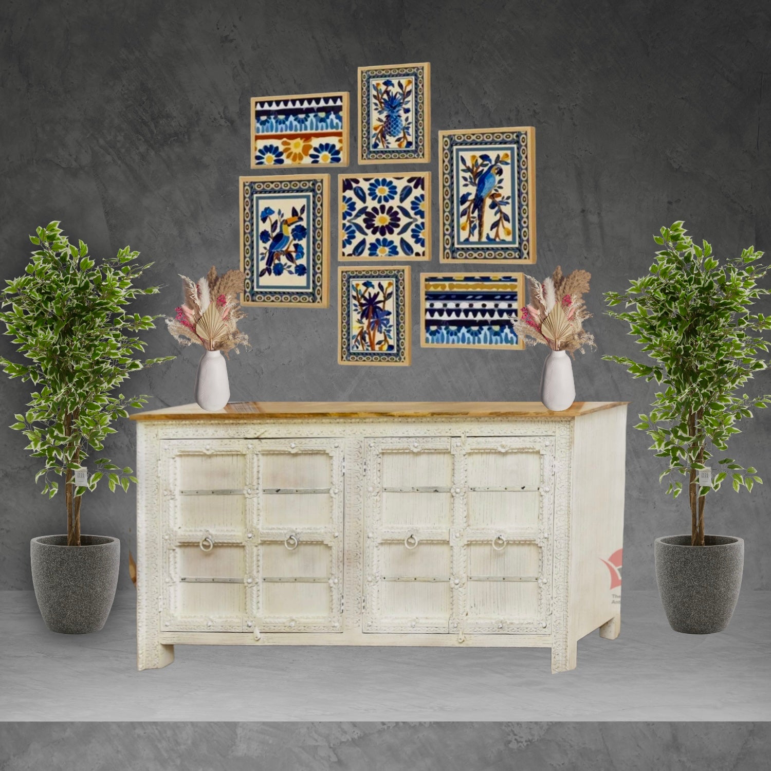 Indian solid wood sideboard with 4 doors with white rustic finish