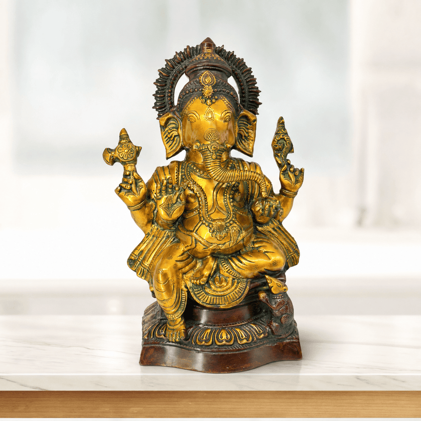 luxury brass Ganesha sculpture, vintage brass Ganesha murti, traditional Indian Ganesh statue, Hindu God brass idol, brass Ganesha idol for home, 