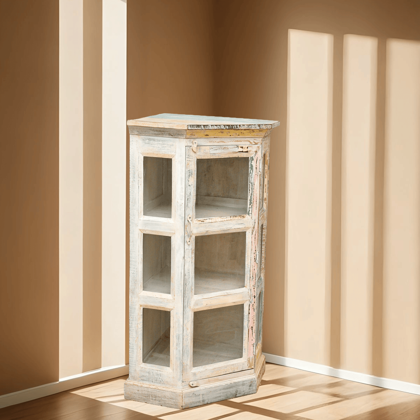 White rustic corner cabinet Qatar, Solid wood glass corner cabinet Dubai, Small corner display cabinet Oman, Rustic white finish shelf,