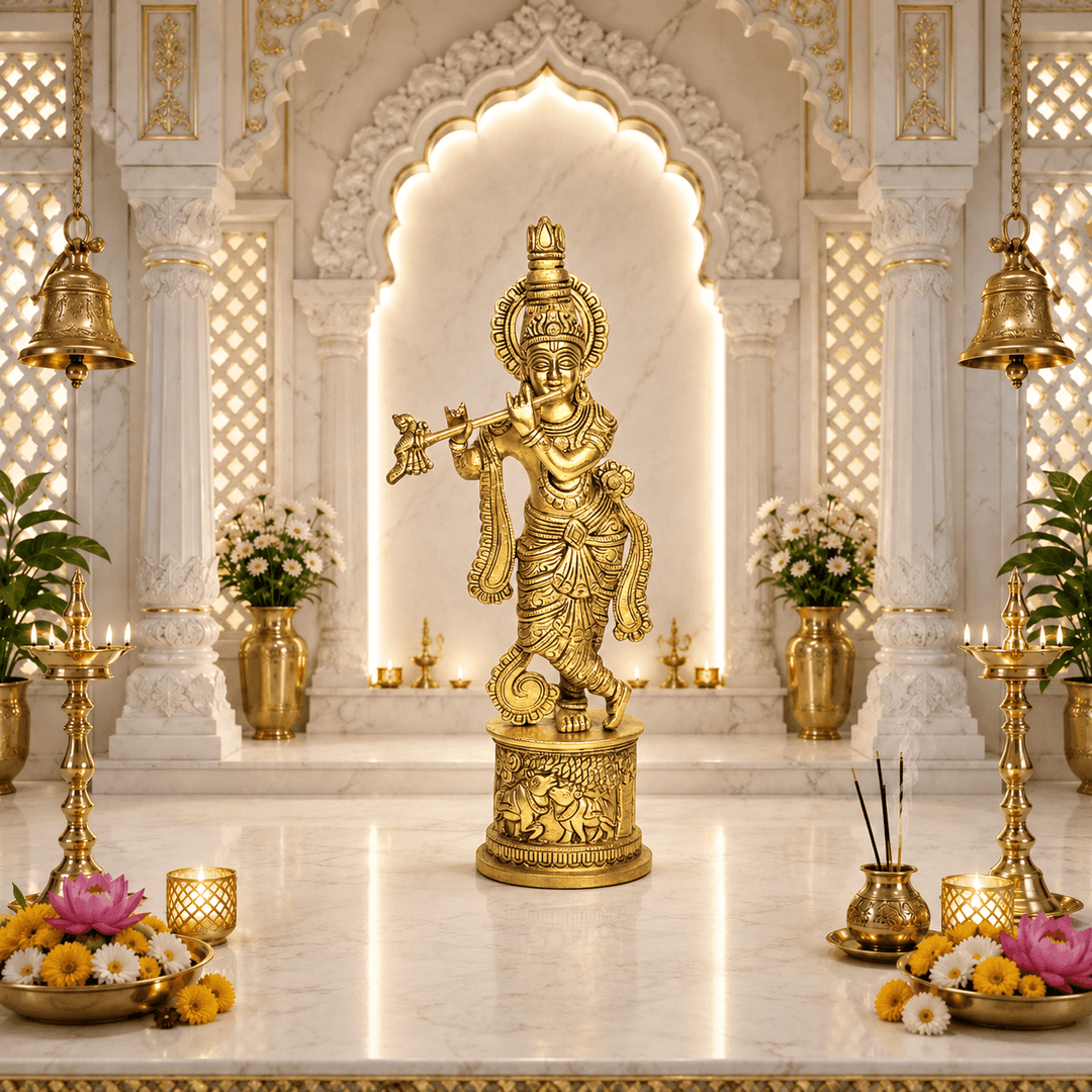 Divine Brass Krishna Flute Statue – Intricate Handmade Carving