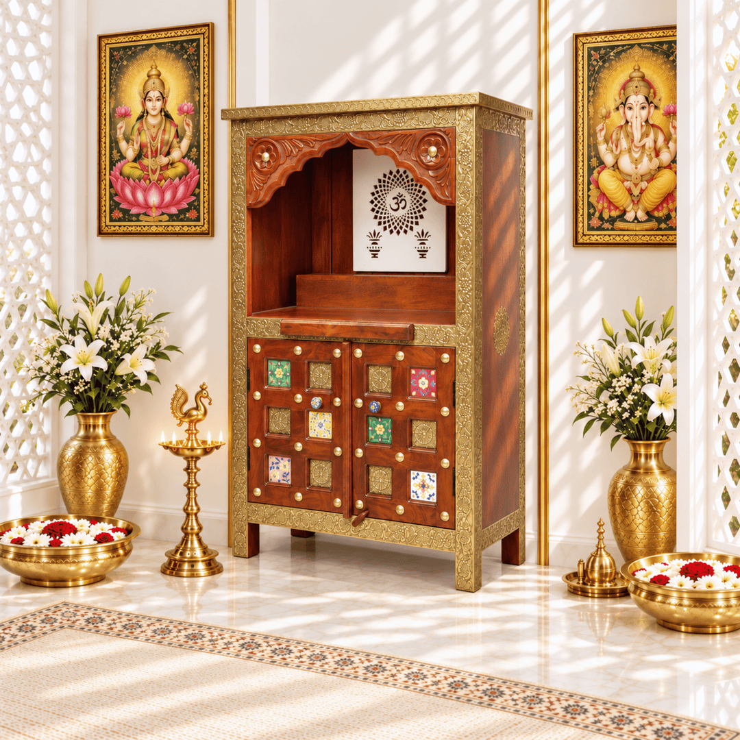 Handmade Mango Wood Temple Cabinet with Om and Diya Cutwork
