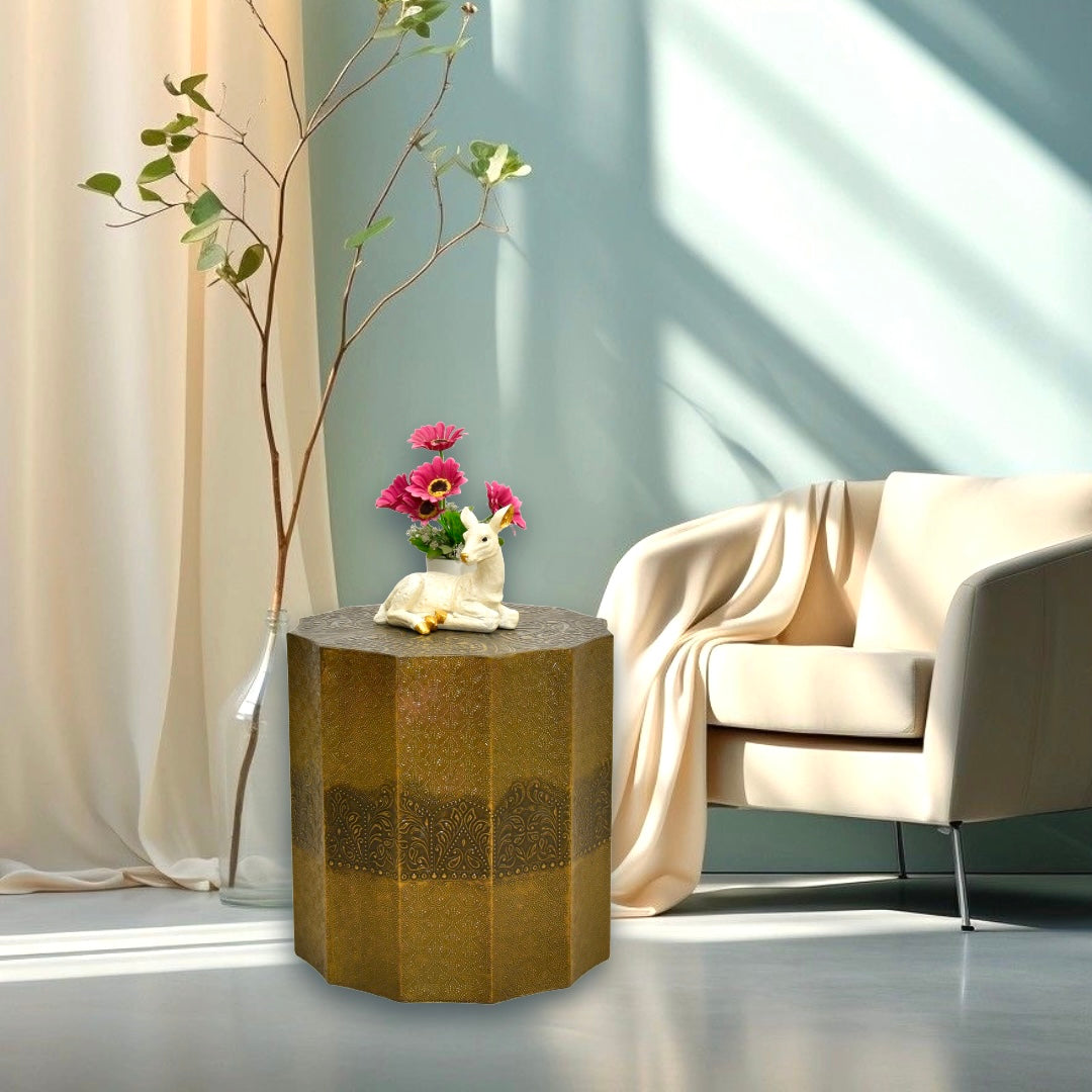 Golden Embossed Hexagonal Side Table | Luxury Accent Table UAE