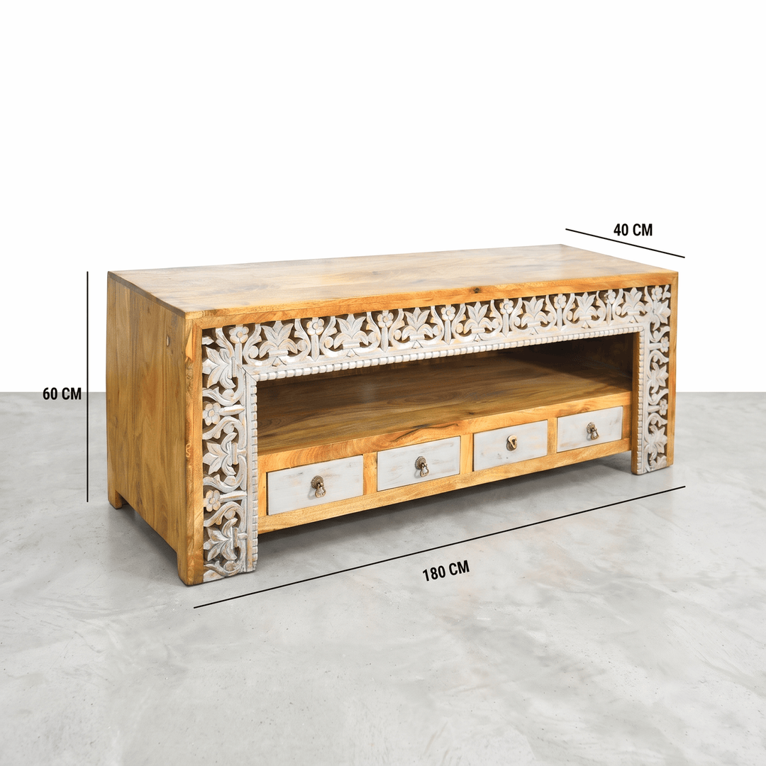Hand carved Frame Mango Wood TV Unit with Four Drawers