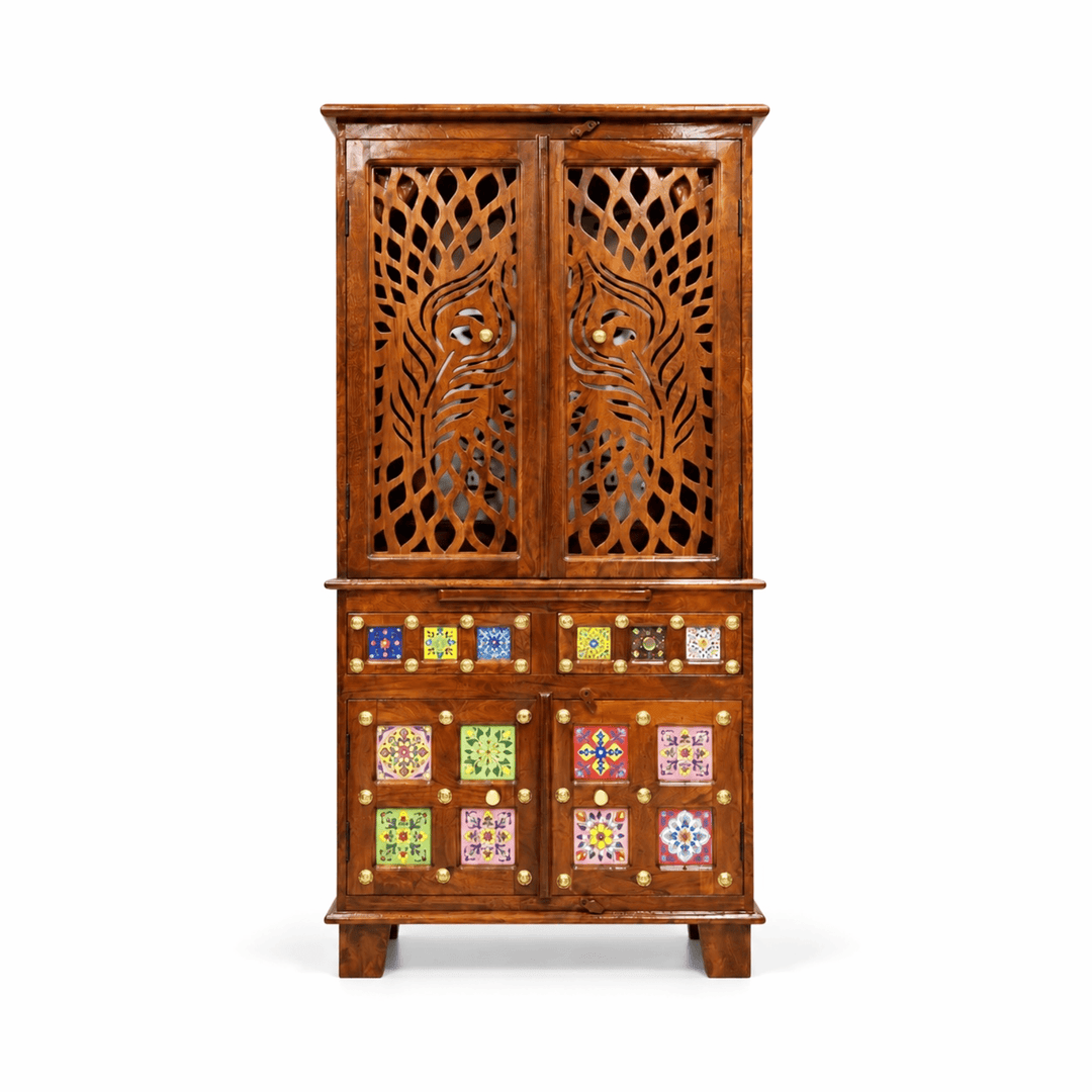 Handcrafted Mango Wood Home Temple with Carved Peacock Doors