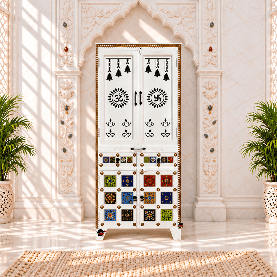 Pooja Temple with white color with tiles fitted