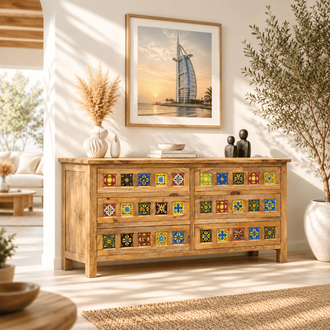 Elara Artisan Tile Solid Mango Wood Chest – 6-Drawer Storage Dresser