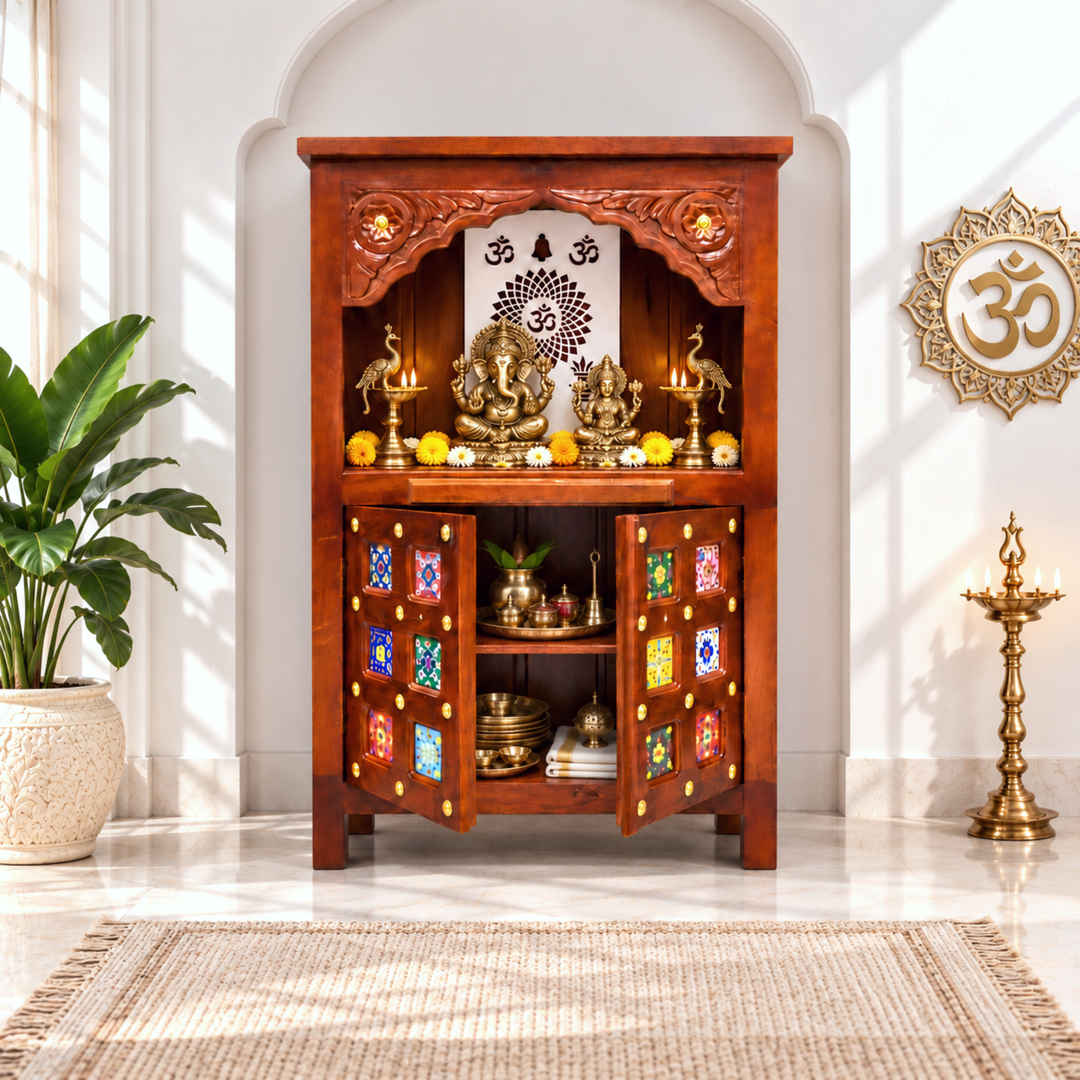 Mango Wood Pooja Mandapam with Om Design and Drawer