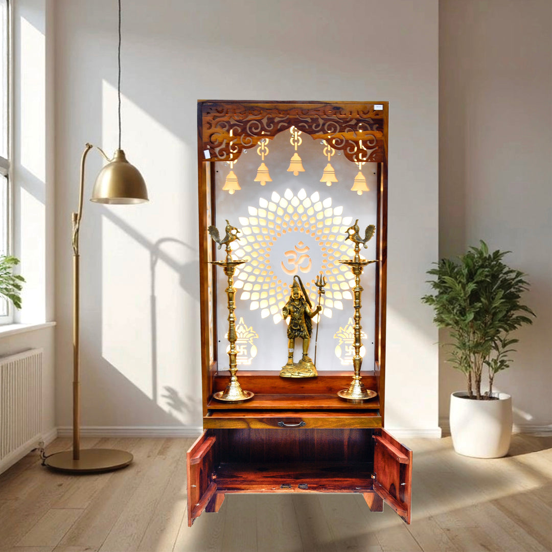 Wooden pooja cabinet with storage with wood natural finish