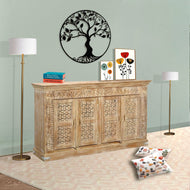 خزانة جانبية بأربعة أبواب مصنوعة يدوياً من خشب المانجو الصلب - وحدة تخزين ريفية