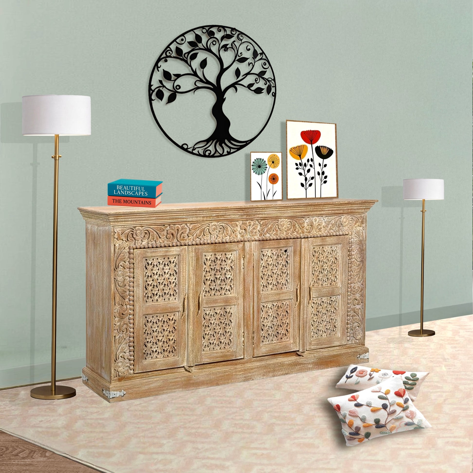 Wooden side storage cabinet with 4 doors with natural finish