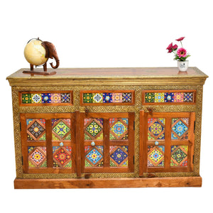 Solid wood sideboard with wood color finish with tiles work