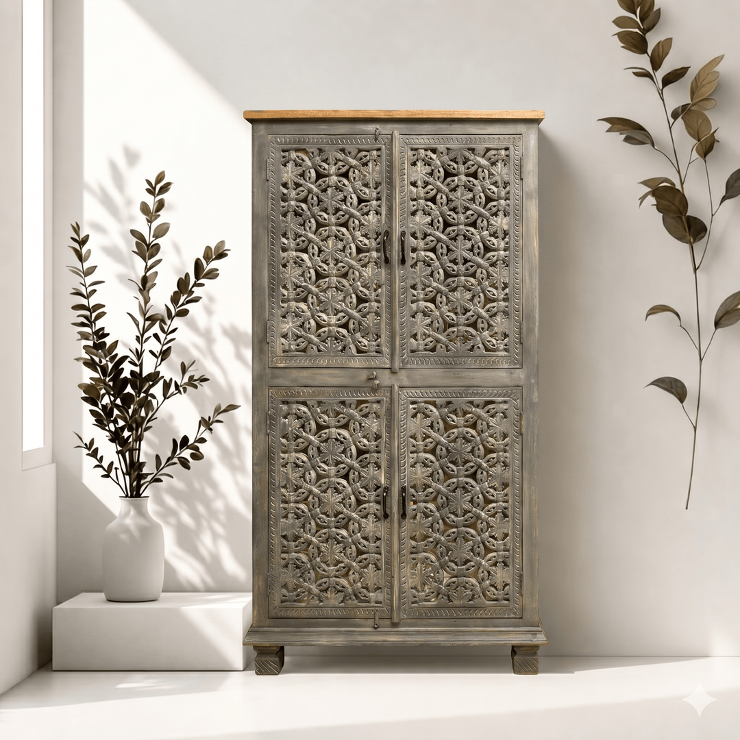 Premium Hand Cut Work hardwood storage Cabinet with antique finish
